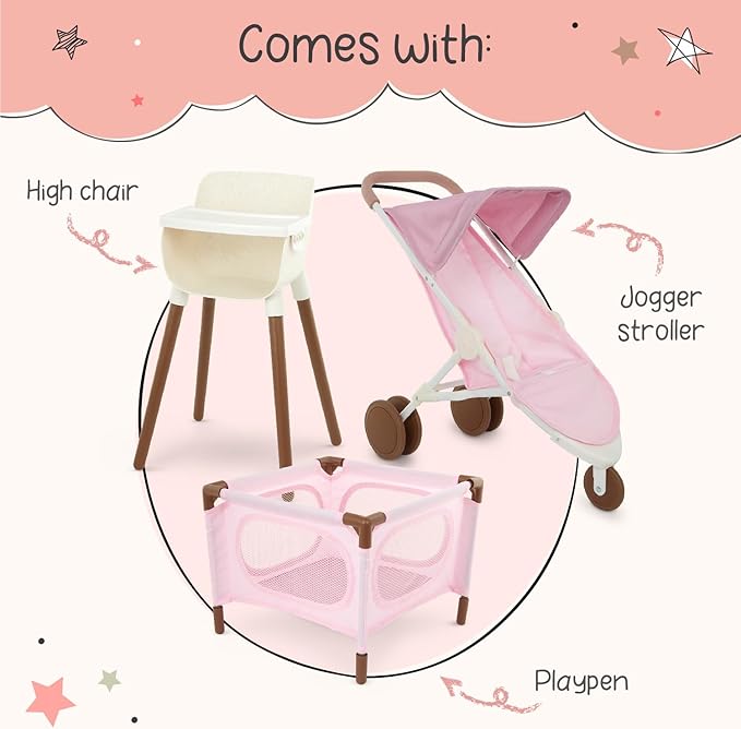 LullaBaby – 14-Inch Realistic Baby Doll Accessory Bundle – Nursery Care Set – High Chair, Playpen & Jogger Stroller – Pretend Play Toys – Kids 2+ Years– Baby Doll Nursery Playset