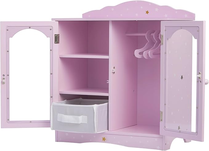 Olivia's Little World Twinkle Stars 18" Doll Closet with 3 Hangers, Shelves, & Canvas Bin, Doll Closet Storage for Accessories & Clothes, Purple