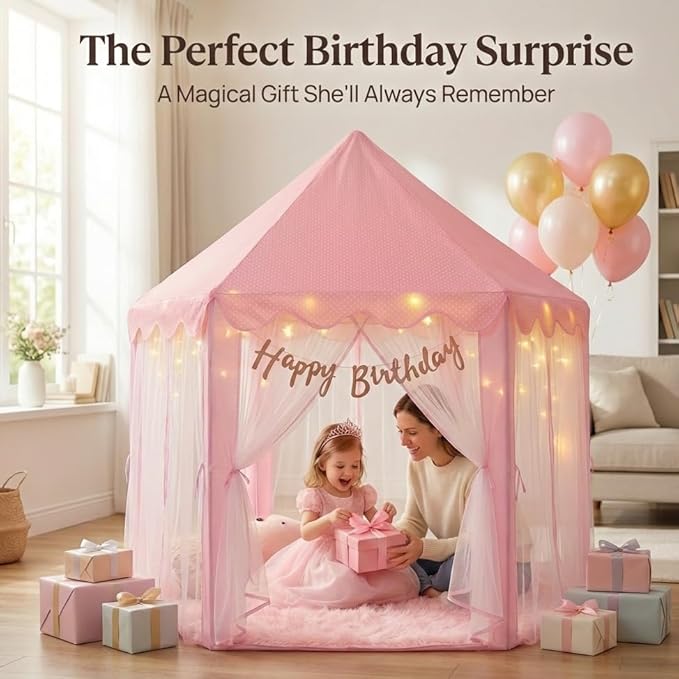 Orian Princess Tent for Girls - Kids Play Tent Indoor & Outdoor with Rug, Pink Toddler Castle Playhouse for Ages 2-7, 55” x 53”, Children’s Toys and Gifts