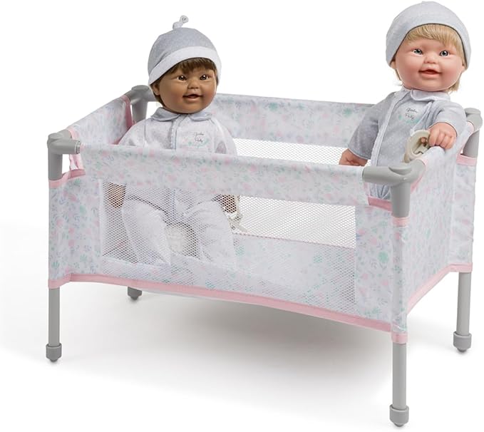 JC Toys - Berenguer Boutique | Travel Folding Crib - Playpen with Accessories | Pink Floral Collection | for Dolls up to 18" | Ages 3+