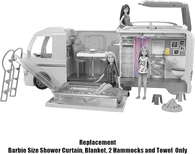 Mattel Replacement Barbie Size Shower Curtain, Blanket, 2 Hammocks and Towel for Barbie Camper Playset - FBR34, Pink, Blue, Yellow