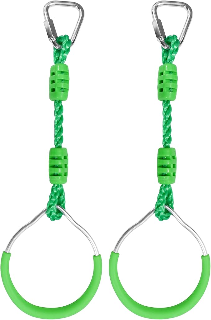 Ninja Jungle Ring Warrior Obstacle Course Trapeze Climbing Fist Swing Playset, 2 Pcs Green Fitness Gymnastic Rings Hanging Monkey Bars Indoor Outdoor Backyard Playground Gym Workout Training Equipment