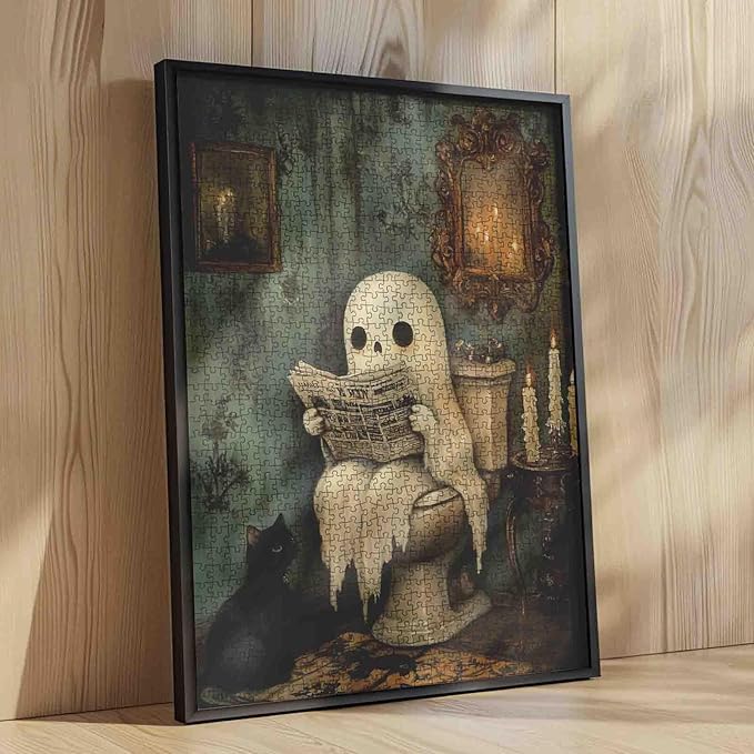 1000 Piece Ghost Halloween Jigsaw Puzzle for Adult,Candle Toilet Little Devil and Newspaper Brain Challenge Educational Game Relaxation Entertainment Activity Decorative Puzzle