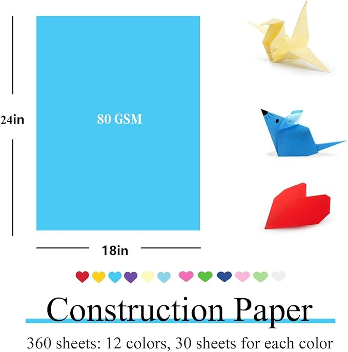 Large Construction Paper Assorted for Art Supplies 17.3”x23.4” Colored Craft Paper Medium Weight for Drawing Art Project DIY 360 Sheets