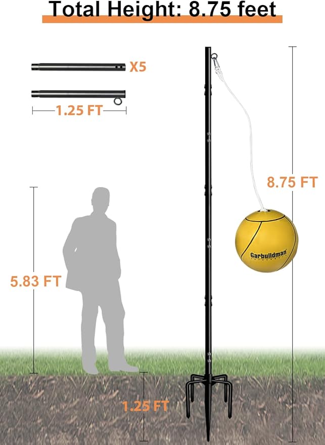 Garbuildman Tetherball Set with Ball & Rope for Outdoor Backyard, Adjustable Tether Ball Pole with Screw Reinforcement 5-Prong Base for Playground, Outside Ball Games Sports for Kids & Adults