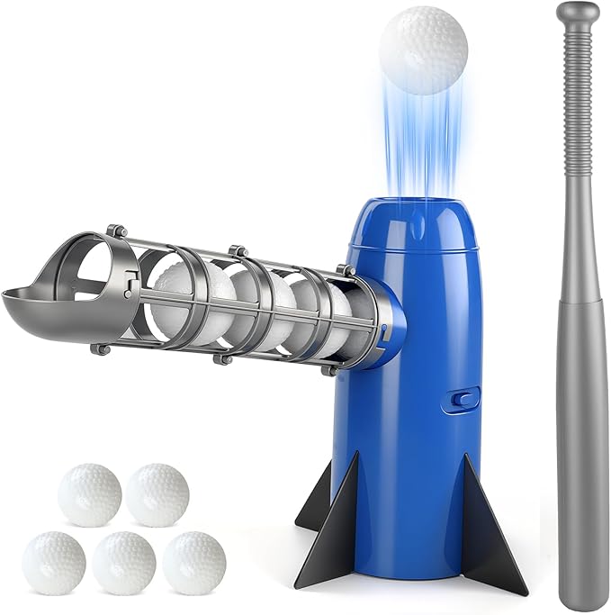 Auto Kids Baseball Pitching Machine, Automatic Baseball Launchers for Kids 6-8, Batting Practice Equipment with 5 Plastic Balls & Bat, Pop Up Tball Trainer, Blue