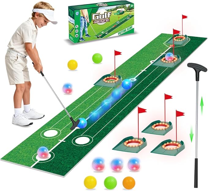 VATOS Golf Putting Set for Kids - Light up Golf Game Toys with Putting Mat, Putter, 3 Holes & 6 Balls (3 Glow), Indoor Outdoor Yard Golfs Game Sports Toys, Birthday Gifts for Boys Girls Kids 3-8