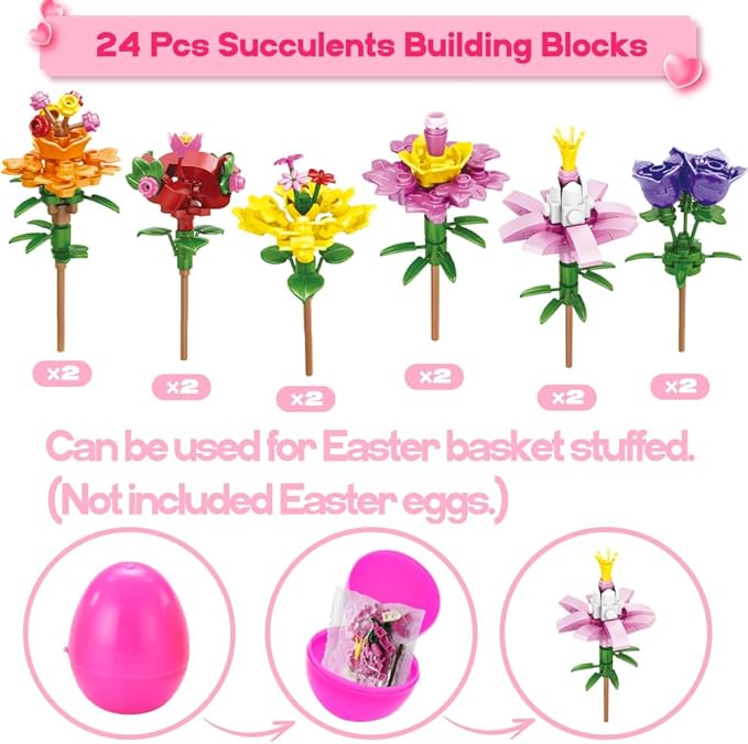 UMEELR Flowers Building Blocks, 24 Packs DIY Flower Pre Filled Easter Egg Surprise Toys for Basket Stuffers Classroom Prize