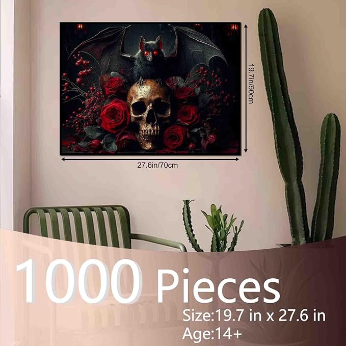 Halloween Skull Paper Puzzles 1000 Pieces for Adults Bat Horror Decor Game for Family Art Decorations Funny 1000 Piece Puzzle Toy Gift Stress Relief Toys 19.7 x 27.6 Inch
