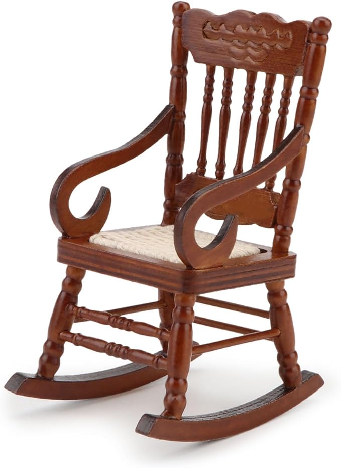 Dollhouse Miniature Rocking Chair 1:12 Scale Wooden Furniture Accessories Tiny Mini House Home Outdoor Decoration Model Living Room Scene Christmas Craft Displays (Brown)