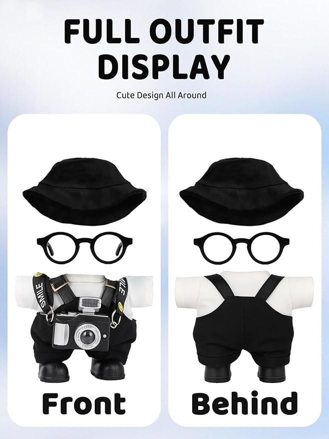 Clothes for LABUBU 17cm Doll (NO Doll) – 6-Piece Set, Hat + Overalls + Shirt + Camera + Glasses + Shoes, Outfit for LABUBU, Premium Dolls Accessories for LABUBU (Black)