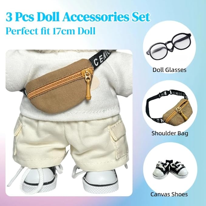 3pcs Lububu Doll Accessories Set Included Mini Glasses, Shoulder Bag and Canvas Shoes, Dress Up Accessories Replacement for 17cm Doll (Shoulder Bag - Brown)