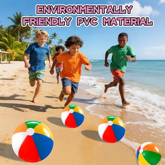 Laoha Rainbow Inflatable Beach Balls Set of 4 - Assorted Sizes 8, 12, 16, 24 Inch for Pool, Beach & Outdoor Games - Colorful Blow Up Balloons for Summer Party Decor and Water Fun