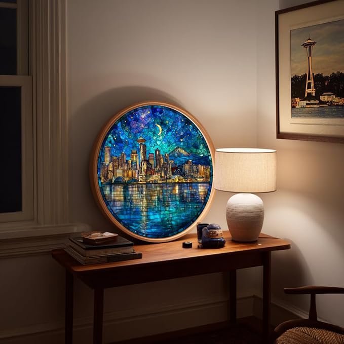 Bgraamiens 1000 Piece Jigsaw Puzzles for Adults – Seattle Skyline at Night – Stained Glass Style Cityscape with Moonlit Reflection – Artistic Urban Gift Challenge