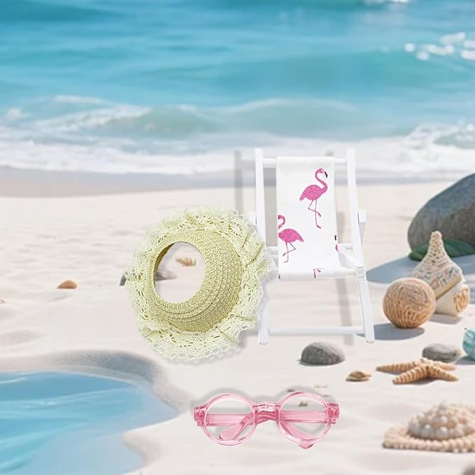 Doll Accessories Compatible with Labubu, 15cm/17cm Doll Chair,Mini Wooden Folding Beach Sunbath Chair with Sunglasses & Straw Hat,No Doll
