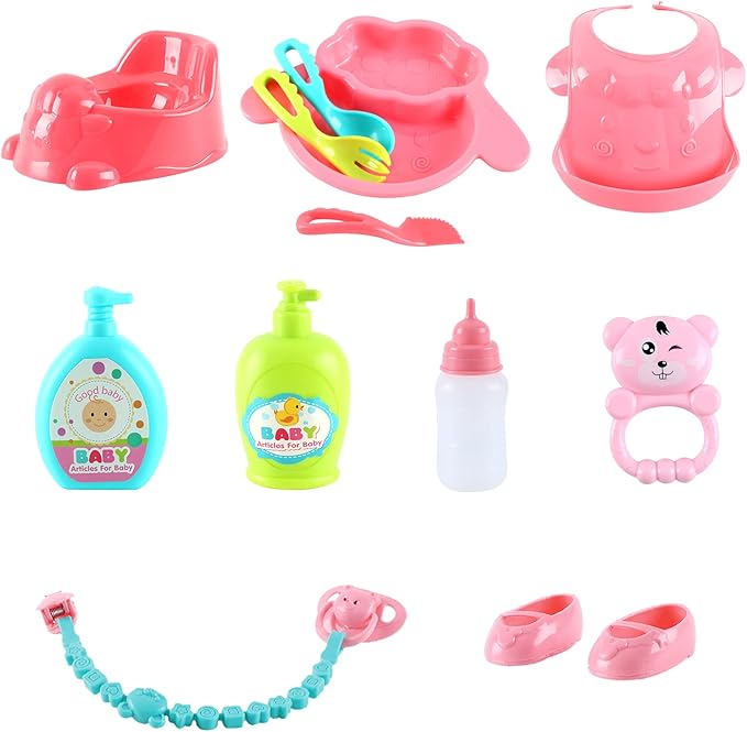 deAO Kids Baby Doll Stroller Nursery Role Play Set with a Variety of Feeding Toy and Play Mat Travel Cot Baby Carrier Stroller and Travel Bag