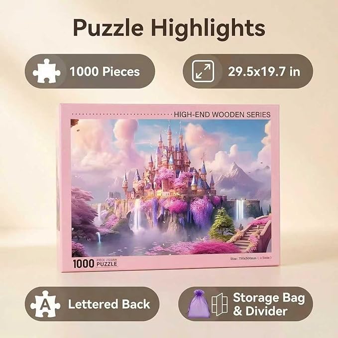 Dreamy Pink Castle Fantasy Art Puzzle 1000 Pieces with Letters on Back Only, Cherry Blossom Waterfall Scenery Jigsaw Puzzles for Adults, Includes Poster & Storage Bag, 29.5x19.7in