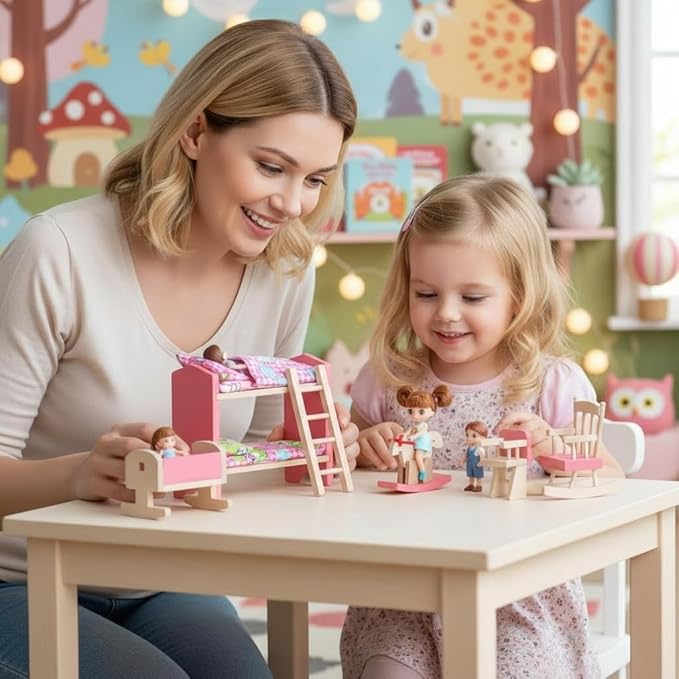 Wooden Dollhouse Bedroom Furniture: Doll Bunk Bed Rocking Horse Chair, DIY 1:12 Scale Miniature Doll House Decoration Accessories for Ages 3+ Role-Playing