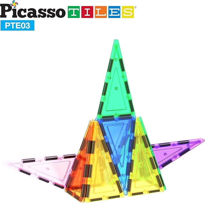 PicassoTiles 12pcs Magnetic Building Block Set Isosceles Triangle Magnet Tiles Construction Toy STEM Learning Kit Educational Playboard Prek Pretend Play Stacking Blocks Child Brain Development PTE03