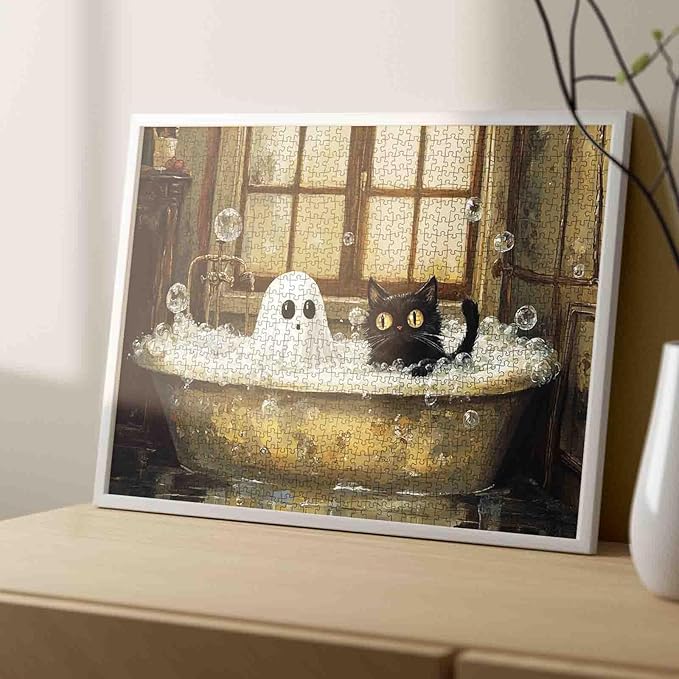 1000 Pieces Halloween Jigsaw Puzzles for Adults,Cute Little Devil Black Cat Bathroom Puzzles, Unique Home Decor Gifts for Friends and Family Wall Decor 19.7 x 27.6 Inch