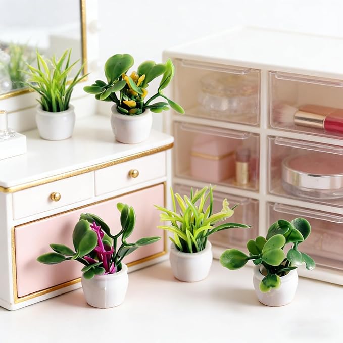 8Pcs 1/12 Scale Dollhouse Miniature Plants, Artificial Potted Greenery Tiny Flower Pots for DIY Crafts & Fairy Garden Micro Landscape Decoration (MiniPlantPot)