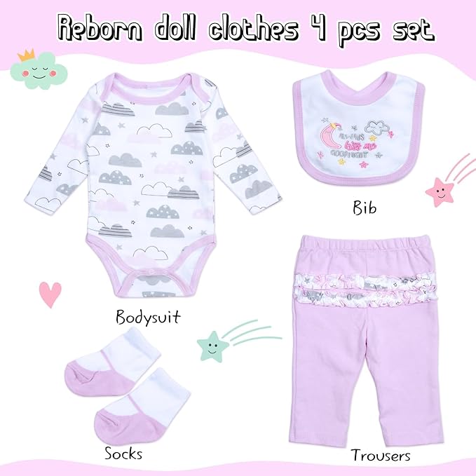 4 Pcs Reborn Baby Doll Clothes Set for 17-22 Inch Babydolls, Reborn Baby Doll Accessories Clothes with Moon & Star for Realistic Babydolls Girls, Pink