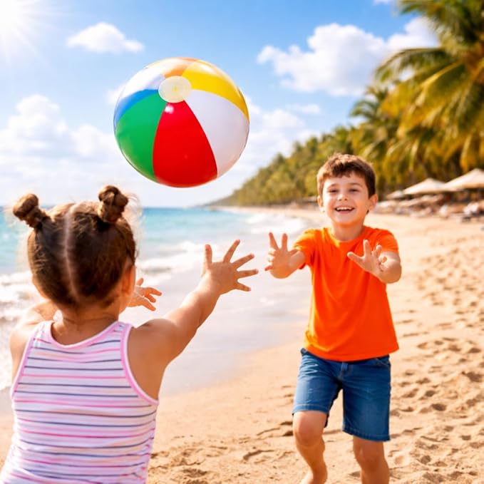 4E's Novelty Beach Balls [3 or 6 Pack] 20" Inflatable Beach Balls for Kids - Pool Games Toys for Kids & Toddlers, Classic Rainbow Color, Easter Outdoor Yard Games