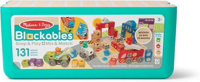 Melissa & Doug Blockables™ Deluxe City Snap and Play, Mix and Match Connectable Wooden Building Blocks Set with Storage Bin and Play Lid (122 Pcs) Ages 2 to 7- FSC Certified