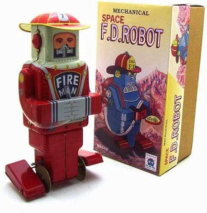 Charmgle Spring Firemen Robot Tin Toy Clockwork Wind-up Walking Robot Model Toys Adult Collection Party Favor Home Decoration
