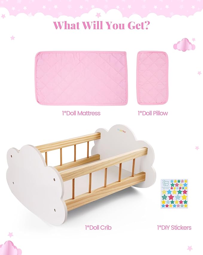 BABESIDE Wooden Baby Dolls Bed for 12-16 Inches Doll, Rocking Babys Doll Crib, Sleep Bed, Baby Dolls Accessories Furniture fit Dolls Boys Girls