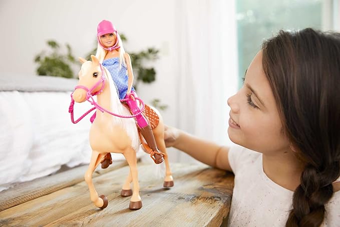 Barbie Doll, Blonde, Wearing Riding Outfit with Helmet, and Light Brown Horse with Soft White Mane and Tail, Gift for 3 to 7 Year Olds (Amazon Exclusive)