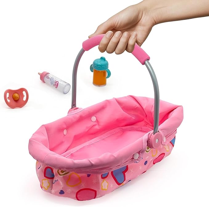 Baby Doll Accessories Bassinet Portable Carrier with Milk Bottle for 8-12 Inch Baby Doll Crib Set Cradle Sleeping Basket Bed Toys