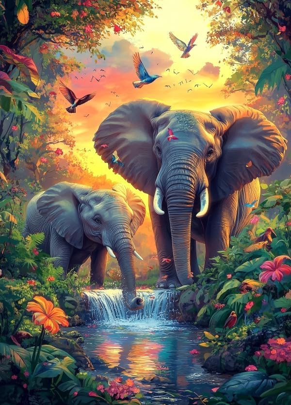 1000 Piece Jigsaw Puzzle for Adults, Mother Elephant & Calf in Lush Jungle with Waterfall, Tropical Forest with Colorful Birds, 20x28 Inch Premium Puzzle, Precision Cut for Relaxation