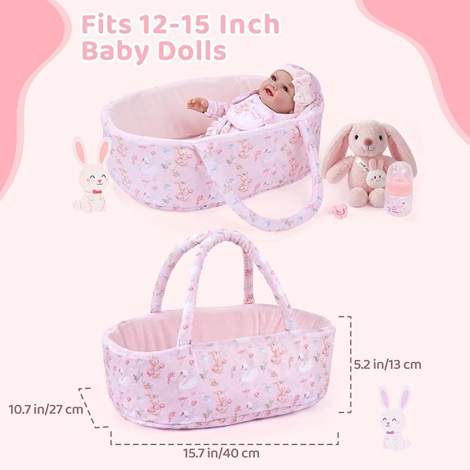 BABESIDE 8 Pcs Baby Doll Clothes Set with Bassinet for 12-15 Inch Dolls, Cute Bunny Baby Doll Clothes and Accessories Toy, Feeding Bottle – Babydoll Accessories for Gilrs