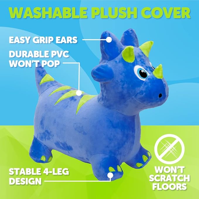 WADDLE Bouncy Hopper Inflatable Animal Hopping Plush, Indoor and Outdoor Toy for Toddlers and Kids, Pump Included, Boys and Girls Ages 2 Years and Up (Triceratops)