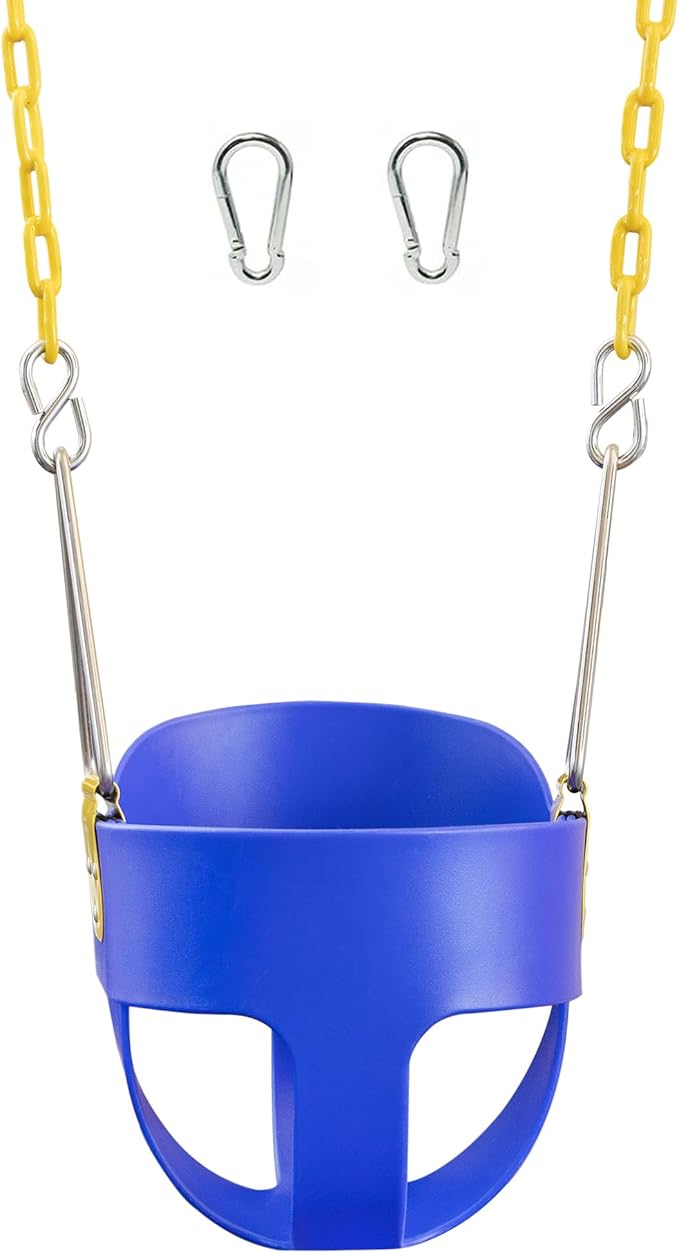 Original High Back Full Bucket Toddler Swing Seat with Plastic Coated Chains and Carabiners for Easy Install - Blue - Squirrel Products
