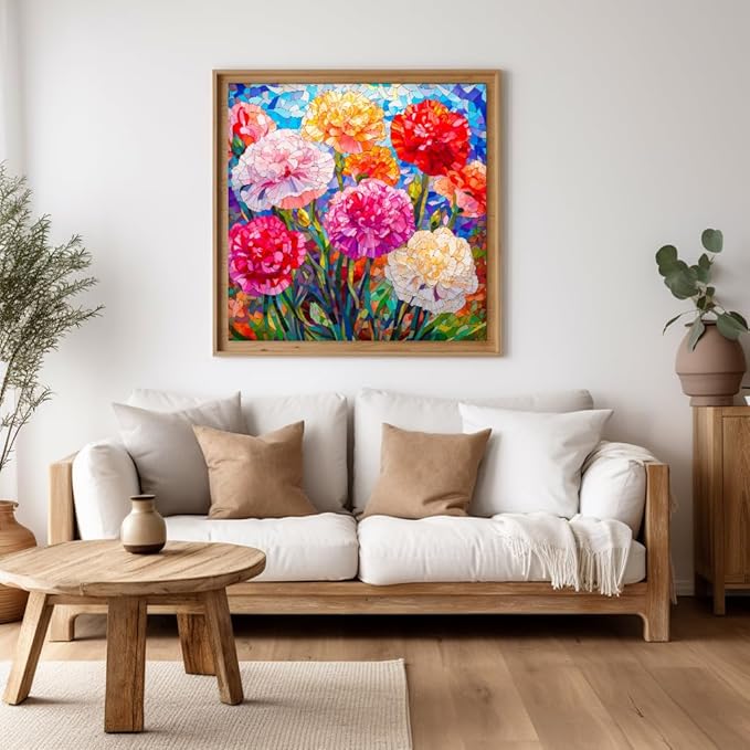 Bgraamiens 1000 Pieces Stained Glass Puzzle - Carnations Art Puzzle with Blooming Flowers, Color Challenge for Adults