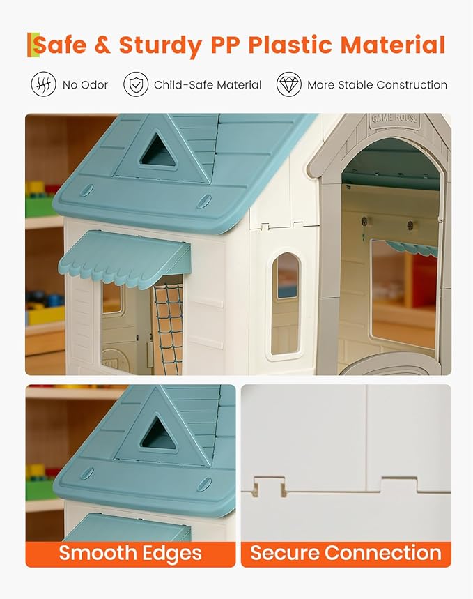 Outdoor Playhouse for Kids - Basketball Hoop, Soccer Goal, Magnetic Dartboard, Ring Toss - Indoor/Outdoor Toddler Cottage Playset, Gift for Ages 3-8