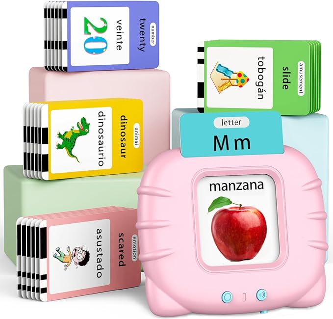 Eaever Bilingual Educational Toys, Spanish English 520 Sight Words Talking-Flash-Cards, Preschool-Learning-Activities, Montessori-Toys, Toddler Toys for 2 3 4 5 6 Year Old Boys and Girls, Pink