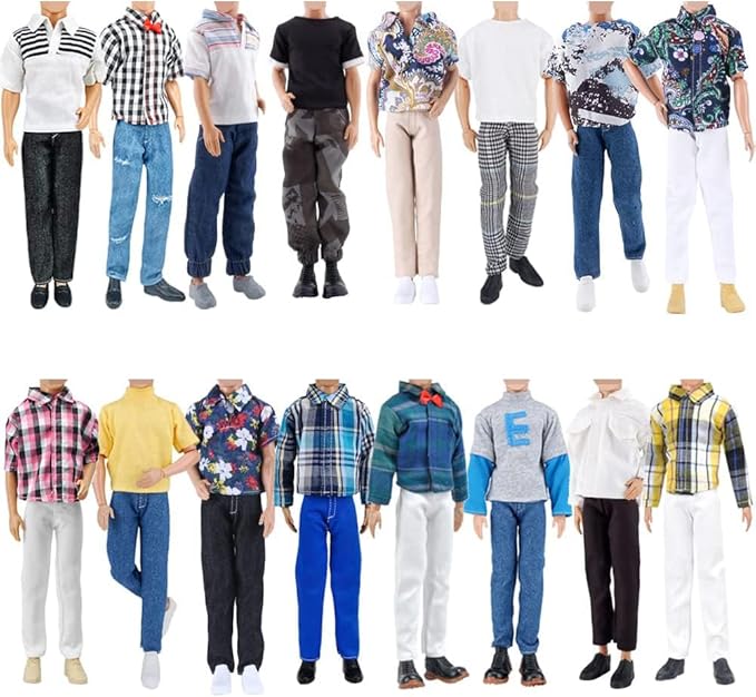 E-TING 15pcs Fashion Clothes Pack = 5pcs Casual Outfit + 5pcs Pants +5 Pairs Shoes for 12inches Boy Doll Random Style (Green Bomber Jacket + Daily Suit + Swimwear)