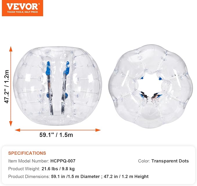 VEVOR Inflatable Bumper Ball, 4FT/5FT Body Sumo Zorb Balls for Teen, 0.8mm Thick PVC Human Hamster Bubble Balls for Outdoor Team Gaming Play, Bumper Bopper Toys for Garden, Yard, Park