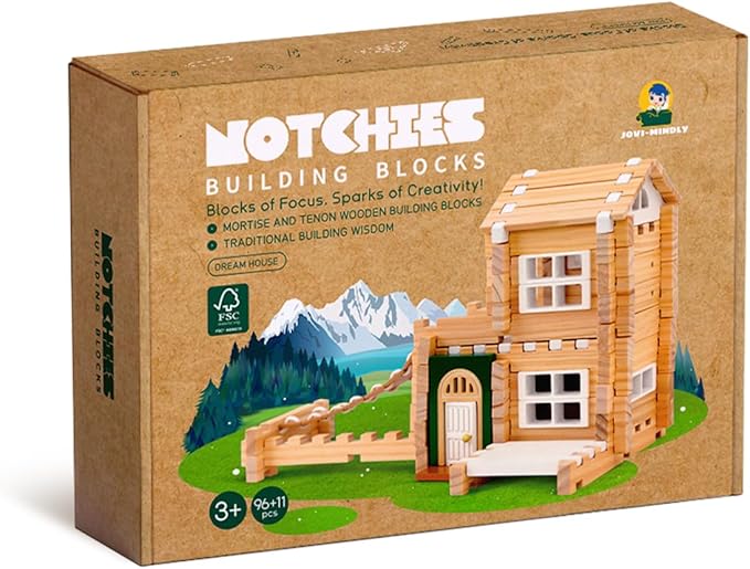 Jovi-mindly＆Notchies Building Blocks Set Wooden Blocks Toys (107 pcs) with Storage Bag, Educational Classic Wooden Blocks for Toddlers Ages 3+ Boys and Girls Aged Easter Gift (with Printed Manual)