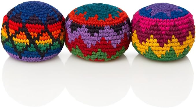 Funny Guy Mugs Multicolored Crochet Assorted Geometric Pattern Hacky Ball, Foot Bag Kick Sack, Indoor and Outdoor Toys for Kids and Adults, Set of 3