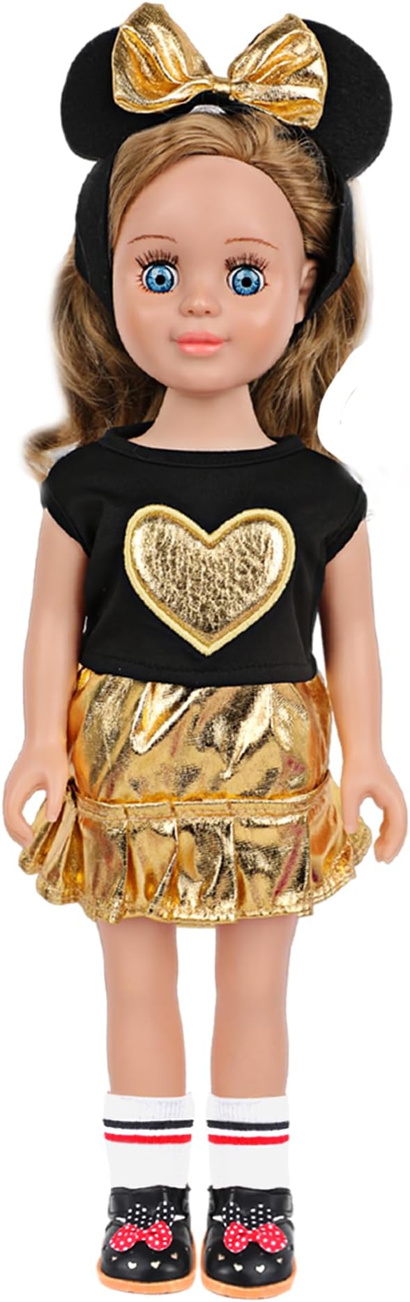 MSYO 18 Inch Doll Clothes and Accessories Set,Black Gold Heart Top & Metallic Gold Skirt Outfit with Mouse Ears Headband,Sunglasses,Socks,Shoes,Bracelet,Fits 16-18 Inch Baby Dolls(Gold)