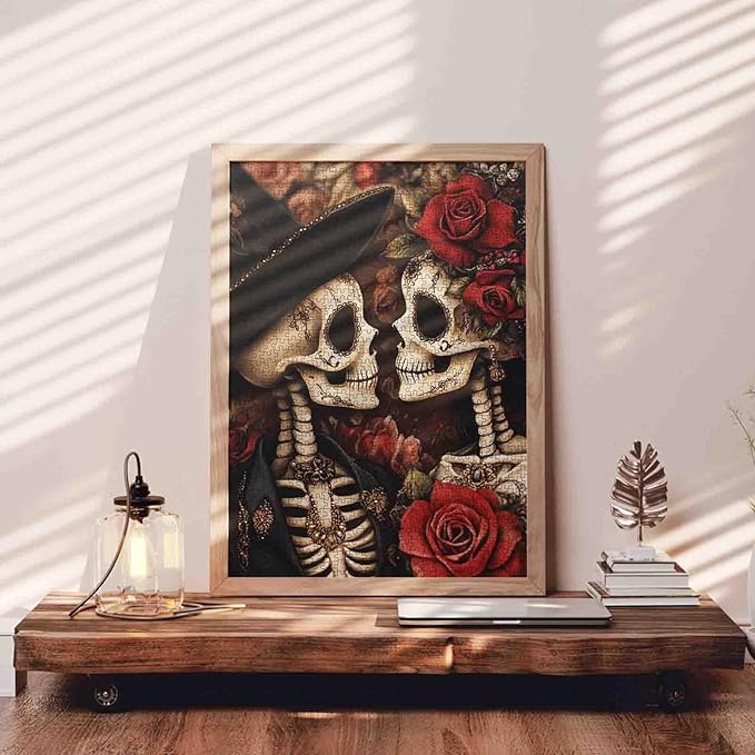 Halloween Skeleton Couple Jigsaw Puzzle 1000 Pieces for Adults Day of The Dead Art Puzzles for Challenging Family Activity Games Intellectual Decompressing Fun Family Game for Home Decor Gifts