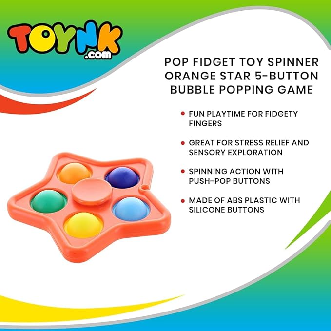 Pop Fidget Toy Spinner Orange Star 5-Button Bubble Popping Game | Satisfying Hand Popper Sensory Toys for Special Needs, ADD, ADHD | Anxiety and Stress Relief Games, Novelty Gifts