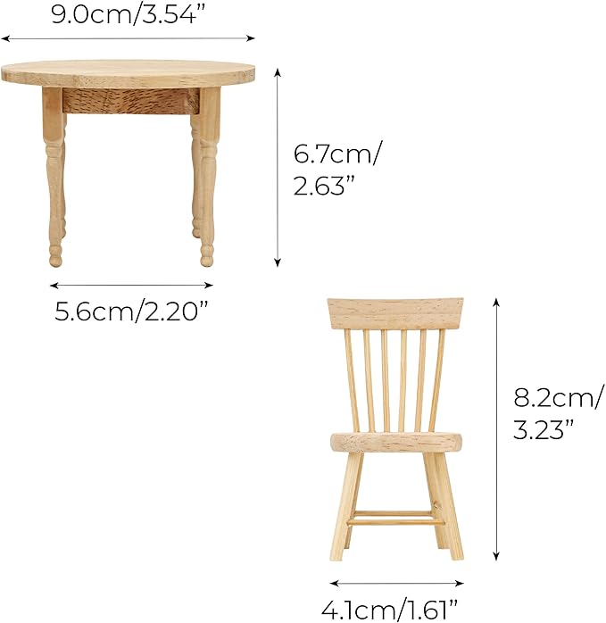 1/12 Miniature Dollhouse Round Table and 2 Chairs Dining Set, Mini Wooden Unpainted Burlywood Barbie Kitchen Furniture Accessories