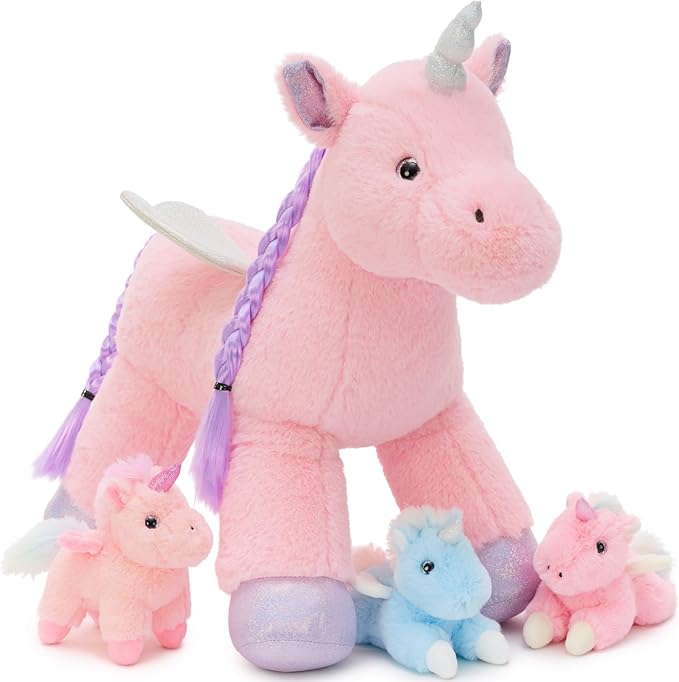 Tezituor Pink Unicorn Stuffed Animal with Hair & Wings,Unicorn Plush Toys for Girls Kids with 3 Babies Inside, Unicorns Plushie,Rainbow Unicorn Stuffy for Birthday, Easter, Valentines Day Gifts