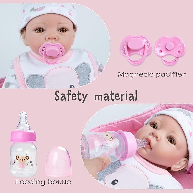 Reborn Baby Doll Clothes with Bassinet and Reusable Diaper Accessories 10-Piece Set fit 17-22 Inch Baby Dolls Girl, Pink Newborn Dolls Girl Outfits Cute Elephant Patterns Design