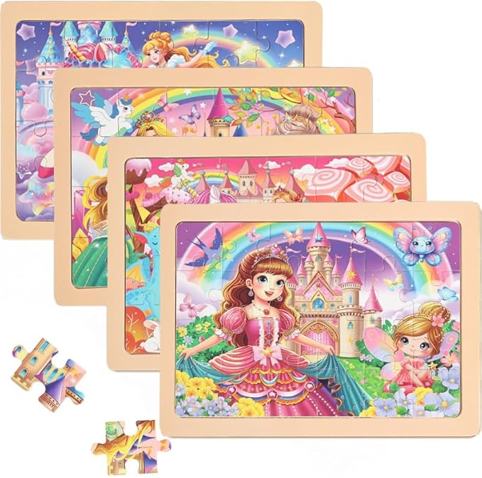 jWooden Puzzle for Kids 4-6 Years Old, 4 Pack of 24 Pieces Unicorn Princess Fairy Puzzle, Preschool Education Brain Teaser Toy for 3 4 5 6 Year Old Girls.